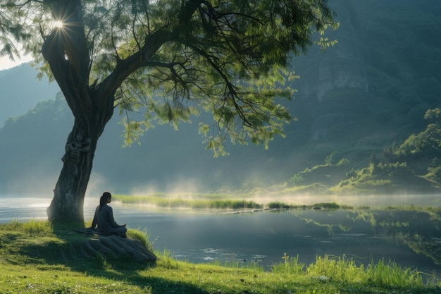 Serene landschap bij zonsopgang een meditator zit met gekruiste benen onder een uitgestrekte bodhi boom gevlekt