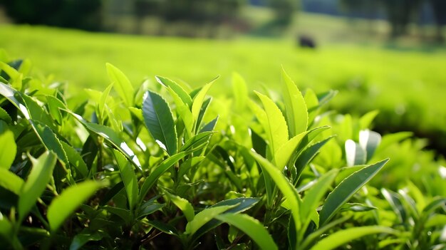 Serene landschap met weelderige groene planten en een verre figuur in een uitgestrekt veld Generatieve AI