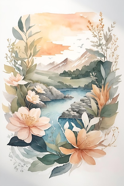 Serene landschapsachtergrond Mooi handgetekend natuurlijk element Ontwerp illustratie voor behang