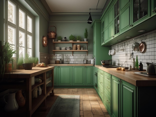 平和な ⁇ 囲気を誇る ⁇ やかな明るい緑のキッチン AI Generate