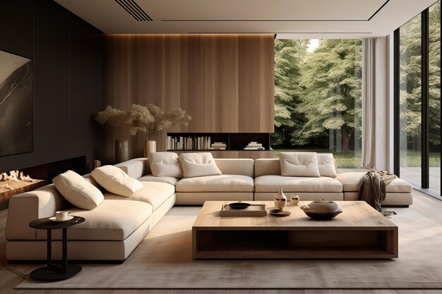 Serene living room light walls and floors Natural light through expansive windows