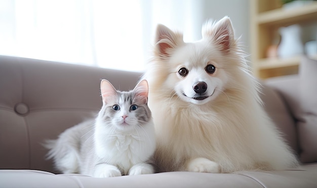 静かなリビング ルームでは、2 匹の愛らしいペット、犬と猫が自然光に照らされた広々としたソファで仲良く遊んでいます。