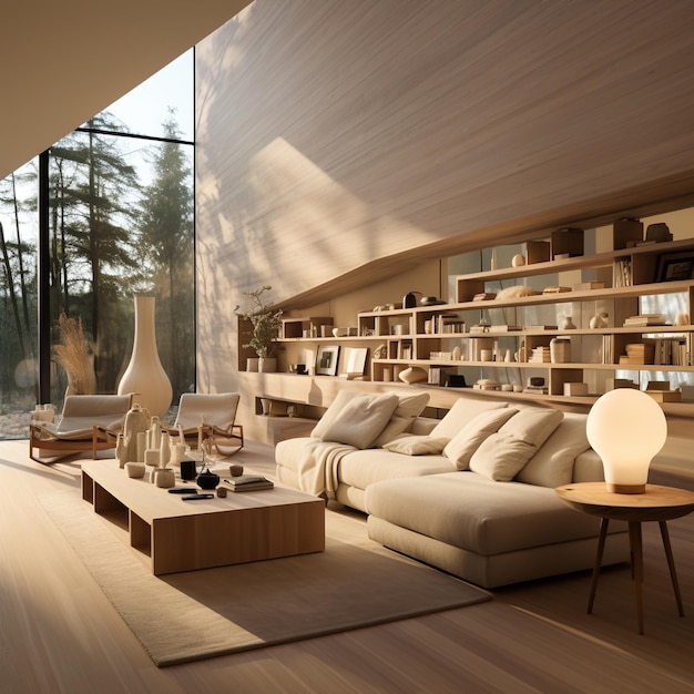 A serene living room with a large window and wooden walls
