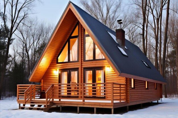 Serene log cabin amidst snowstorm radiating a welcoming glow through the windows