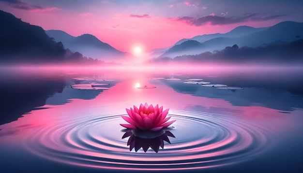 Спокойный цветущий лотос на рассвете в отражении горного озера
