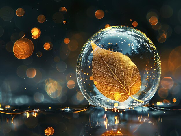 Serene Luminescent Gouden Bubble met Elegant Leaf Vein Deta Texture Art Wallpaper achtergrond