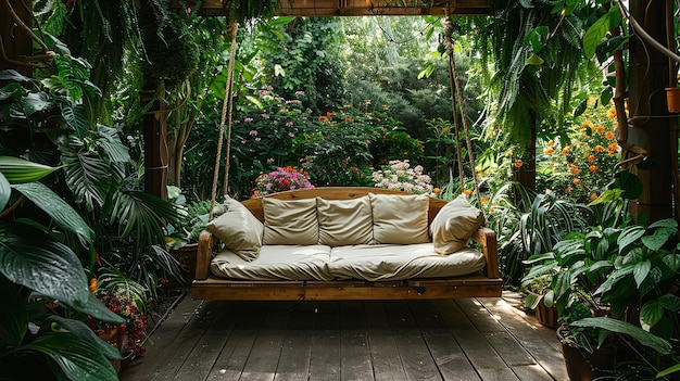 a serene and lush garden oasis featuring a cozy wooden porch swing with plush cushions