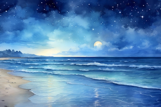 Serene maanlicht strand met zachte golven Mooie illustratie foto Generatieve AI