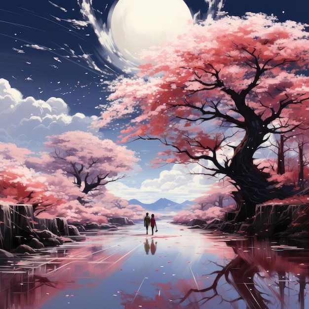Serene maanverlichte scène met roze bomen en reflecties