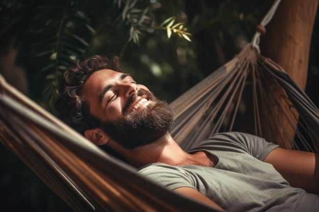 Foto uomo sereno sdraiato in un'amaca che si gode di un momento di tranquillo rilassamento con gli occhi chiusi uomo rilassato riposa sdraiato su un'ammaca generata dall'ia