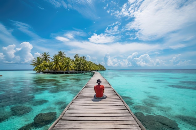 Безмятежный мужчина на красном пирсе над морем на Мальдивах