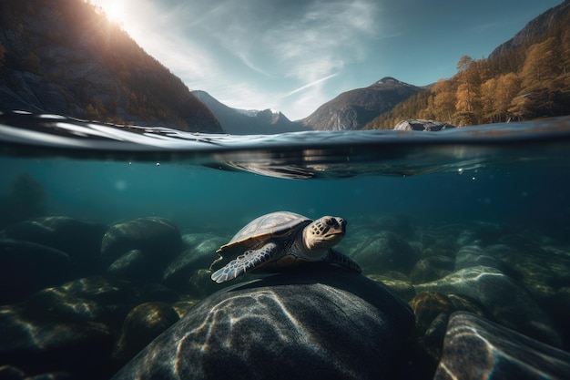 Безмятежная морская жизнь Величественная черепаха исследует подводное царство