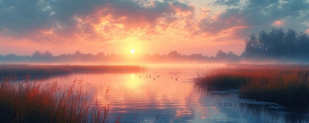 Photo a serene marsh at dawn with mist rising from background