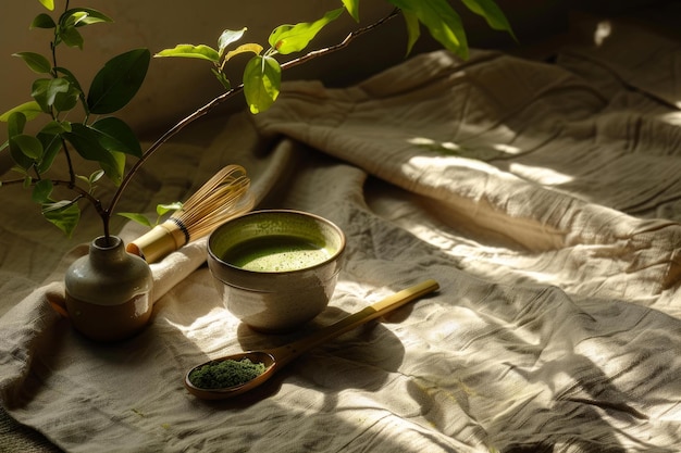 Photo serene matcha tea setting in soft morning light