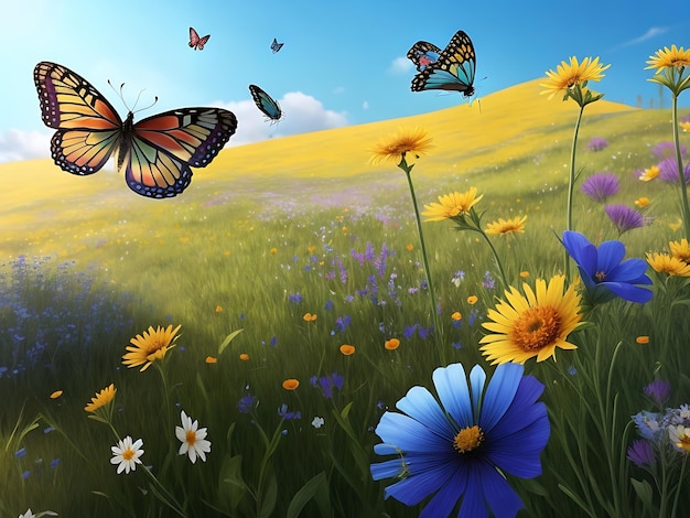 a serene meadow filled with colorful wildflowers and butterflies fluttering around