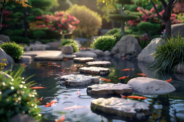 Serene meditatie tuin met zen stenen en een koi