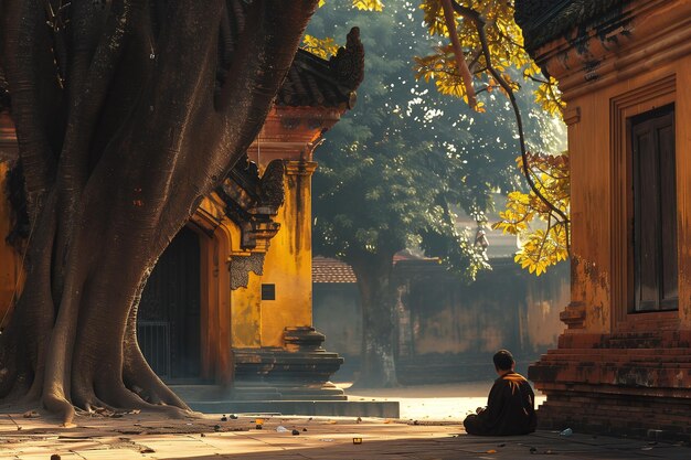 Photo serene meditation under the branches of an ancient tree