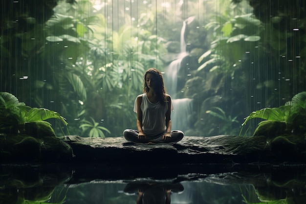 A serene meditation retreat in the jungle realistic tropical background