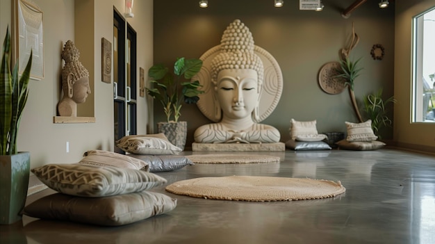Photo serene meditation room with buddha statues and cushions