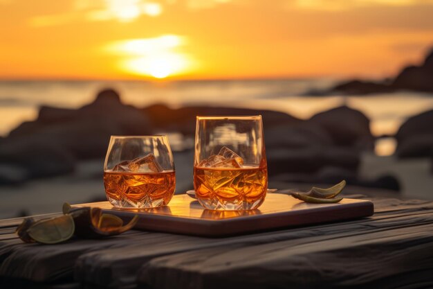 Photo a serene meditation session on the beach followed by glasses of rum punch