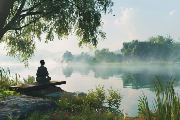 A serene meditation session by a peaceful lake oct