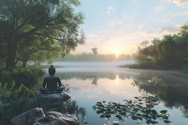 Photo a serene meditation session by a peaceful lake oct