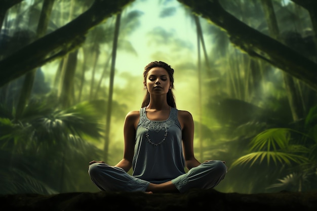 A serene meditation session in a lush forest realistic tropical background