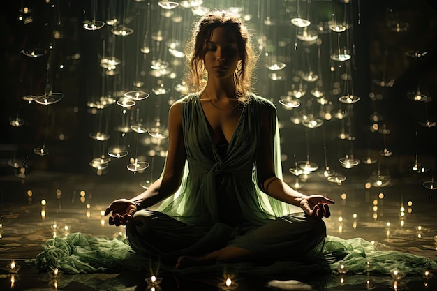 Serene meditator seeks tranquility between soft lights generative IA