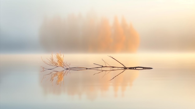 Foto serene meer bij zonsopgang met reflecterende takken en mist