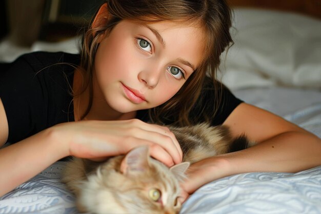 Foto serene middag momenten met een jong meisje en haar tabby kat op een laken doek