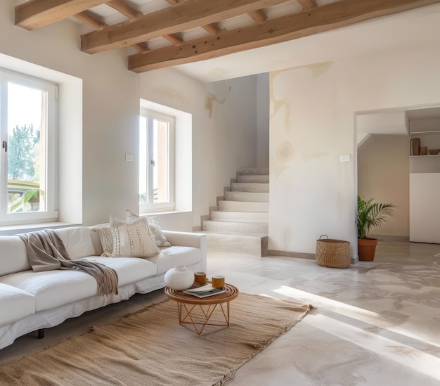 Serene minimalist bedroom in peach tone Interiors composition in a luxury home