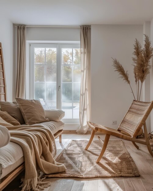 Serene minimalist bedroom in peach tone Interiors composition in a luxury home