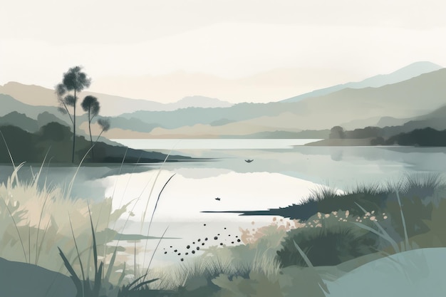 Serene and minimalist illustration of a mountain in a lake landscape with cool muted tones