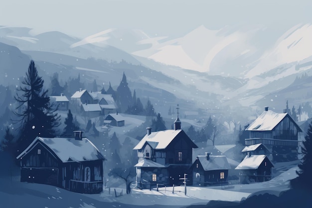 Безмятежная и минималистичная иллюстрация деревенской горной хижины, расположенной в тихой долине