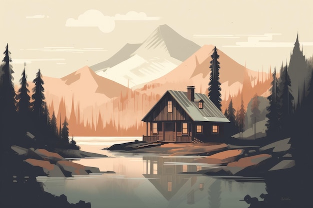 静かな渓谷に佇む素朴な山小屋の、穏やかでシンプルなイラスト