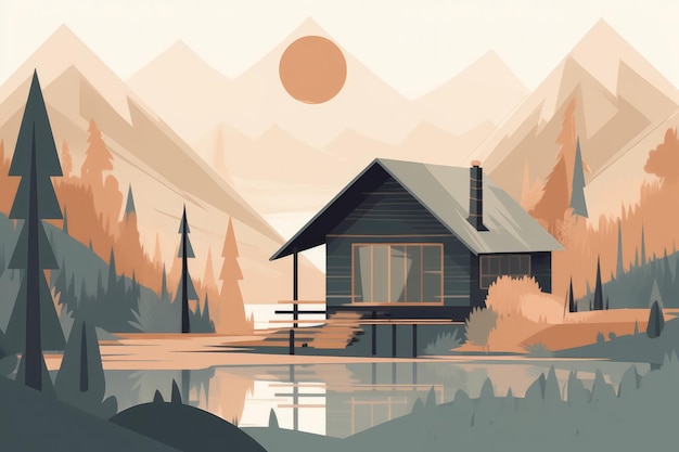 静かな渓谷に佇む素朴な山小屋の、穏やかでシンプルなイラスト