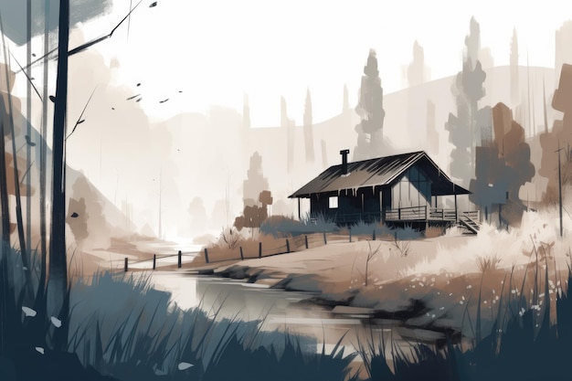 Serene and minimalist illustration of a rustic mountain cabin nestled in a tranquil valley