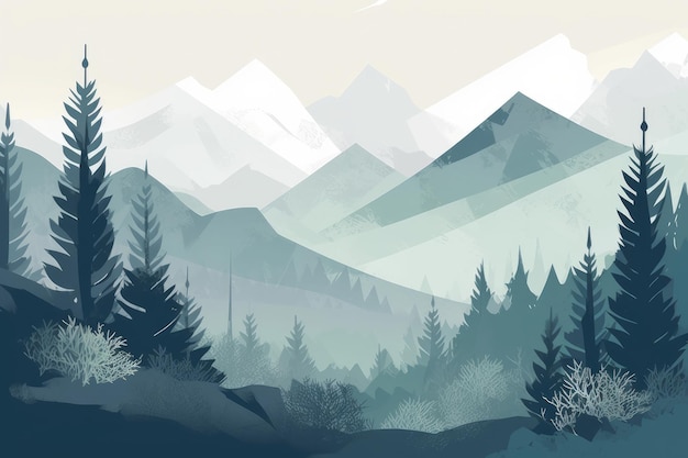 Serene and minimalist illustration of a rustic mountain cabin nestled in a tranquil valley