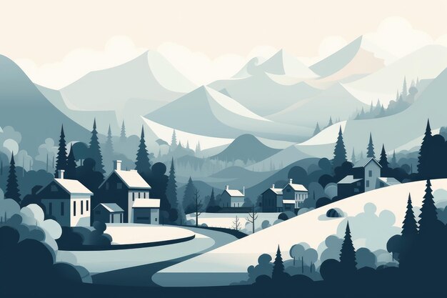 Serene and minimalist illustration of a rustic mountain cabin nestled in a tranquil valley