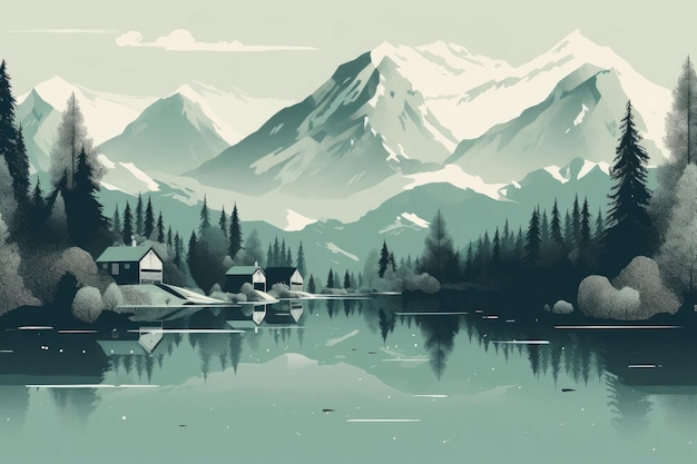 Serene and minimalist illustration of a rustic mountain cabin nestled in a tranquil valley