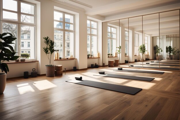 Serene minimalist yoga studio interior with mats for peaceful mindfulness and relaxation