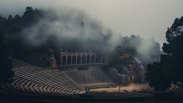 Serene mist geeft een buitenaardse uitstraling aan de omgeving van het Griekse theater