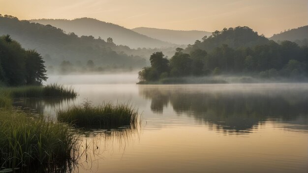 Serene misty lake at sunrise with trees