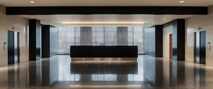 Photo a serene and modern empty lobby with a sleek reception area and large windows