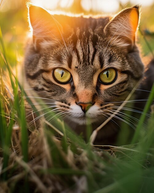Foto un momento sereno catturò un gatto in mezzo all'erba alta che si croceva sotto la tonalità dorata del tramonto