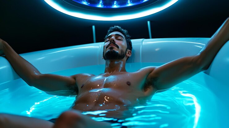 Photo a serene moment of relaxation in a glowing bath showcasing selfcare and tranquility in a stylish atmosphere