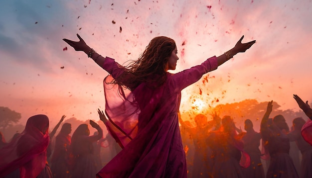 Photo the serene moment of sunrise during holi with people beginning their celebrations