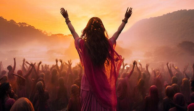 Photo the serene moment of sunrise during holi with people beginning their celebrations