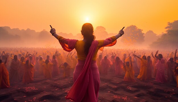 Photo the serene moment of sunrise during holi with people beginning their celebrations