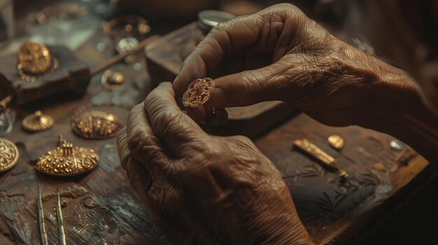 전통적인 금속공의 작업실에서 숙련된 장인들이 수작업으로 정교하게 정교한 금 필리그린 보석을 만들고 고대의 기술과 장인 기술을 존중합니다.